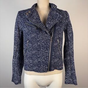 ❤️GAP Tweed Moto Jacket Navy Blue White Asymmetrical Zip Biker Blazer S